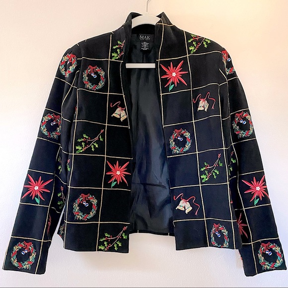 Vintage Jackets & Blazers - Vintage Christmas Holiday Embroidered Black Open Jacket